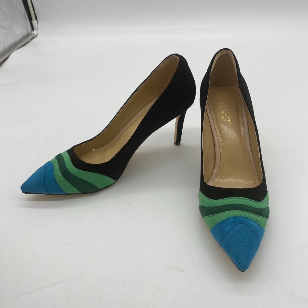 NWOT Blue And Black Suede Rainbow High Heel Pointed Toe Pump